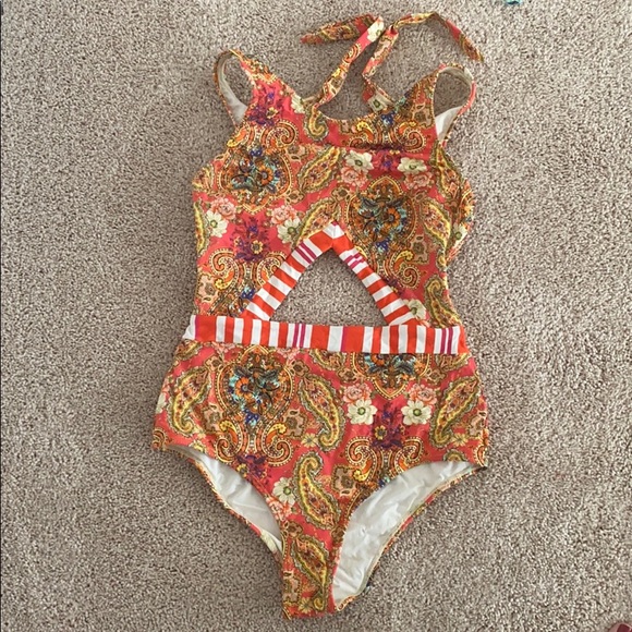 Orange Paisley One-Piece w/cutouts & open back! - Picture 2 of 6